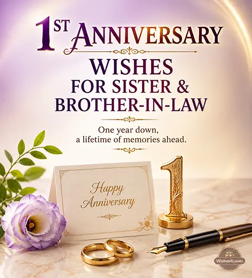 First anniversary wishes for sister and brother-in-law with gold rings anniversary card and number one decoration
