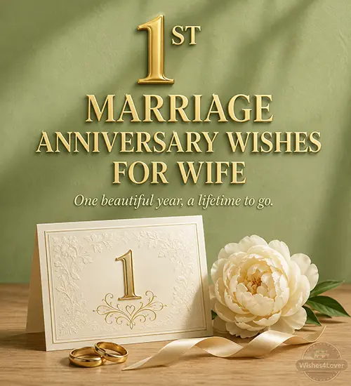 1st marriage anniversary wishes for wife with number one card, rings and cream flower