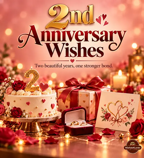 2nd anniversary wishes with cake, roses, gifts and wedding rings