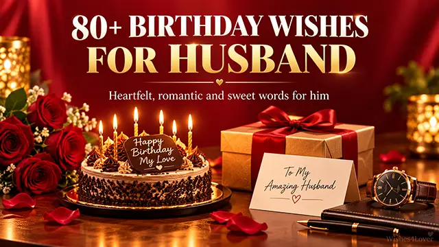 Birthday wishes for husband with cake, roses and a gift