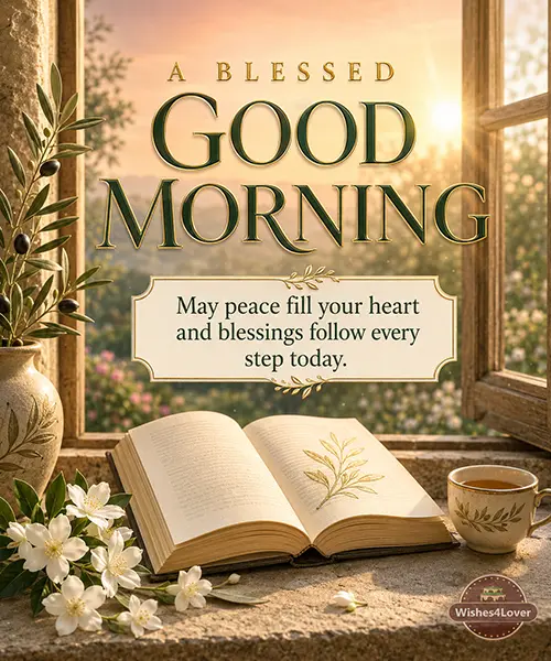 Open book, sunrise and flowers representing peaceful morning blessings
