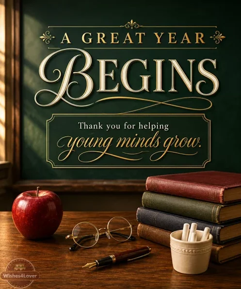 Elegant classroom desk with books, apple and chalkboard for a new school year