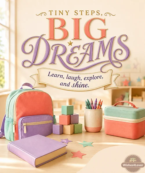 Colorful backpack, crayons and alphabet blocks for a child’s first school day