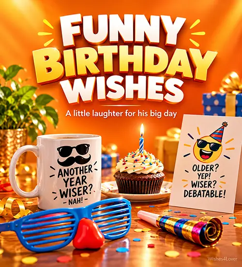 Funny birthday wishes with cupcake and cheerful greeting card