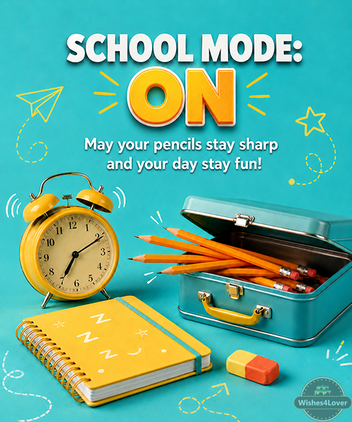 Funny school setup with alarm clock, lunchbox and playful pencils