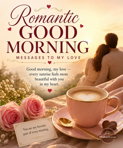 Romantic good morning messages to my love with roses and coffee