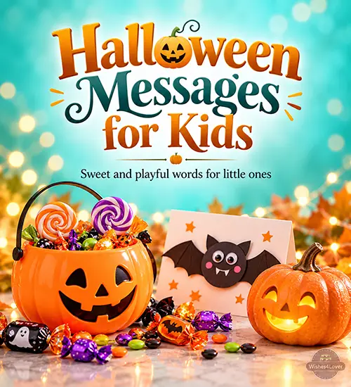 Halloween messages for kids with candy bucket and pumpkin