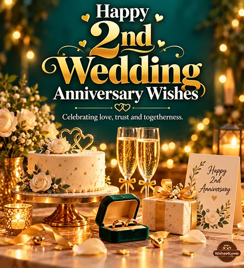 Happy 2nd wedding anniversary wishes with cake, flowers and celebration gifts