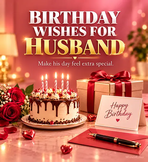 Birthday cake with candles, roses and a gift for husband