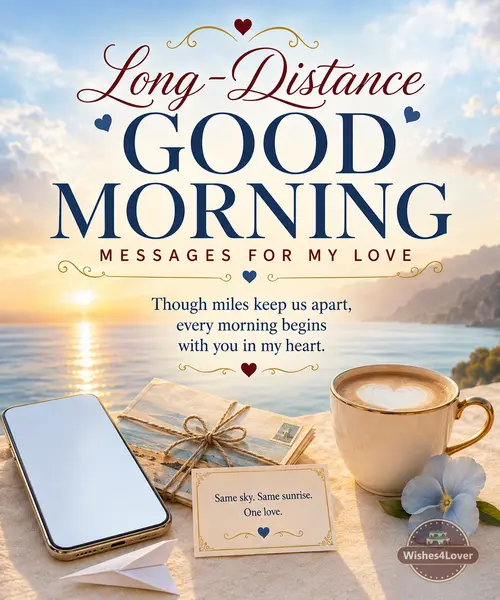 Smartphone postcards and coffee beside a calm sunrise sea