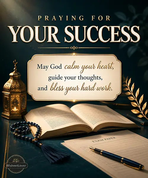 Prayer beads, books and warm light symbolizing blessings for exam success