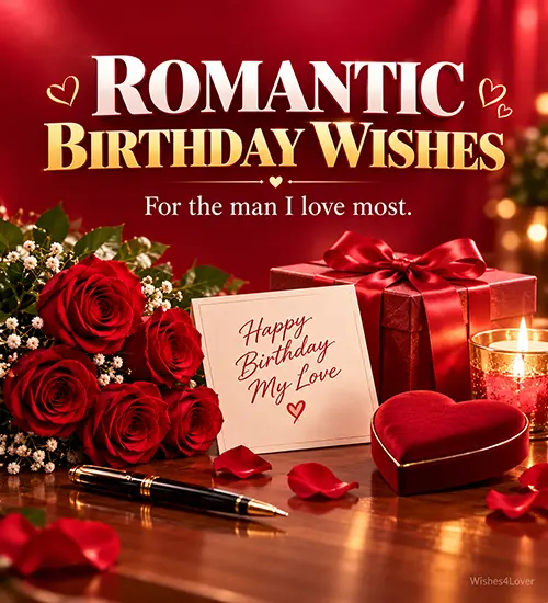 Romantic birthday wishes for husband with red roses and a gift