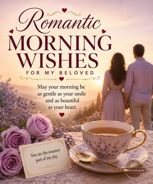 Romantic couple holding hands at sunrise with lavender roses and tea