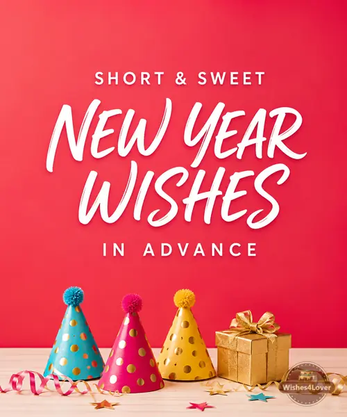 Short New Year wishes with colorful party decorations