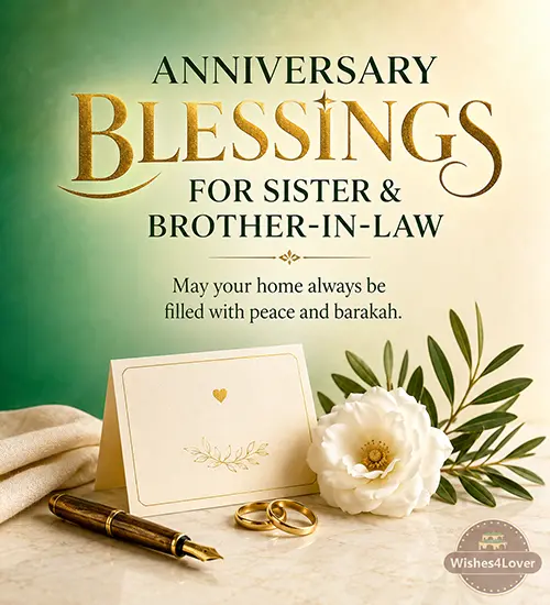 Anniversary blessings for sister and brother-in-law with wedding rings blessing card white flower and green leaves