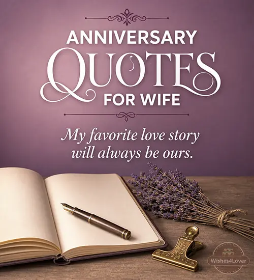Anniversary quotes for wife with open notebook, fountain pen and lavender flowers