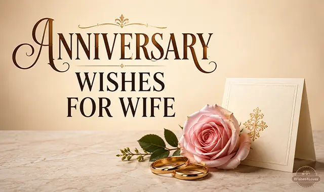 Anniversary wishes for wife with elegant anniversary card, rose and wedding rings