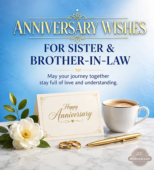 Anniversary wishes for sister and brother-in-law with anniversary card coffee cup wedding rings and flower