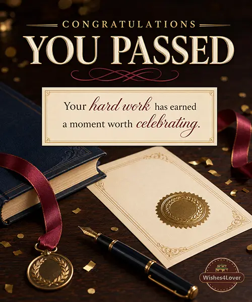 Exam certificate, books and medal with congratulations messages for passing exam
