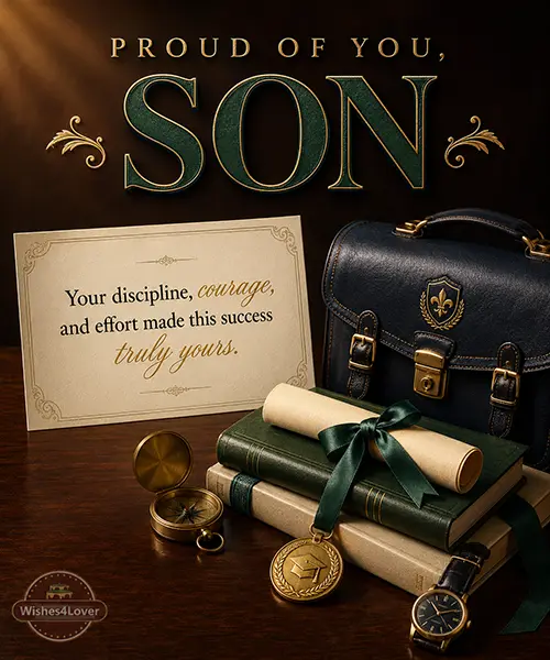 Books, certificate and medal celebrating a son’s exam success