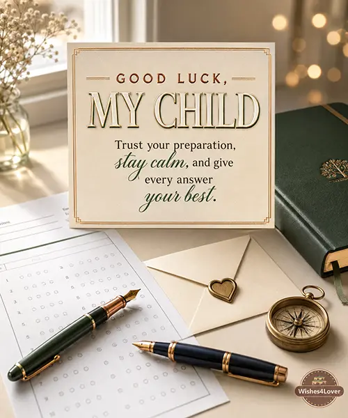 Exam stationery and family encouragement card with wishes for a son or daughter