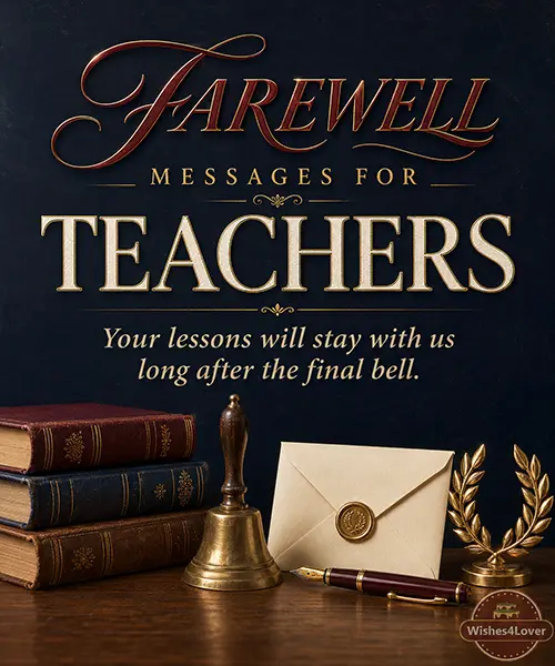 Books, school bell and farewell card with messages for teachers