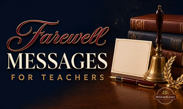Books, farewell card and school bell for teacher goodbye messages