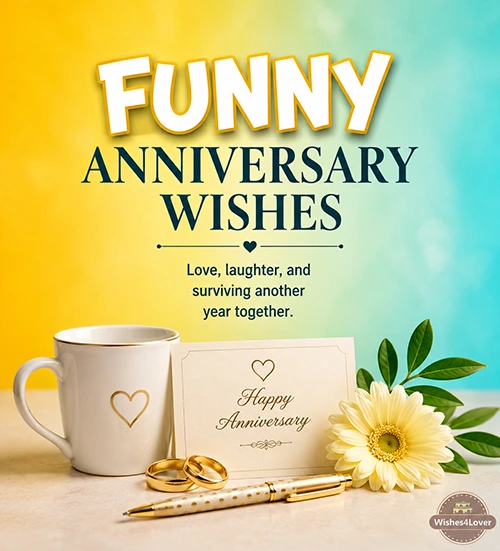 Funny anniversary wishes for sister and brother-in-law with wedding rings coffee mug flower and anniversary card