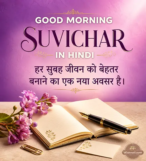 Good morning suvichar in Hindi with notebook fountain pen and floral arrangement