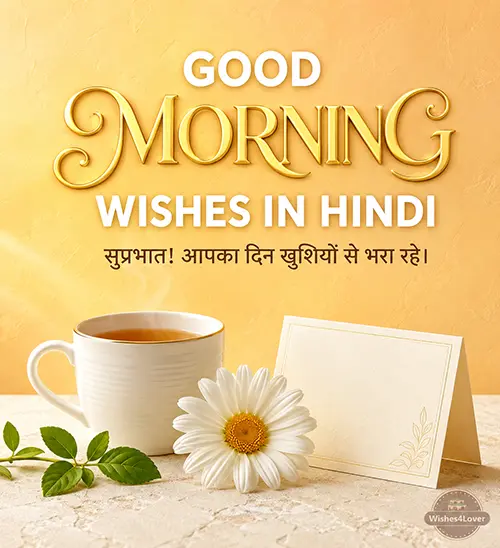 Good morning wishes in Hindi with flowers tea cup and morning note
