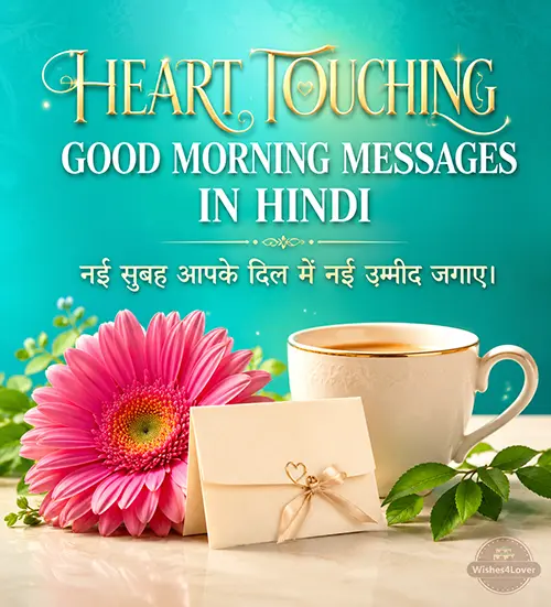 Heart touching good morning messages in Hindi with pink flower and morning card