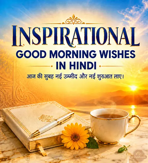 Inspirational good morning wishes in Hindi with sunrise notebook and flowers