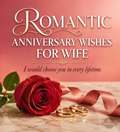 Romantic anniversary wishes for wife with red rose, wedding rings and love message
